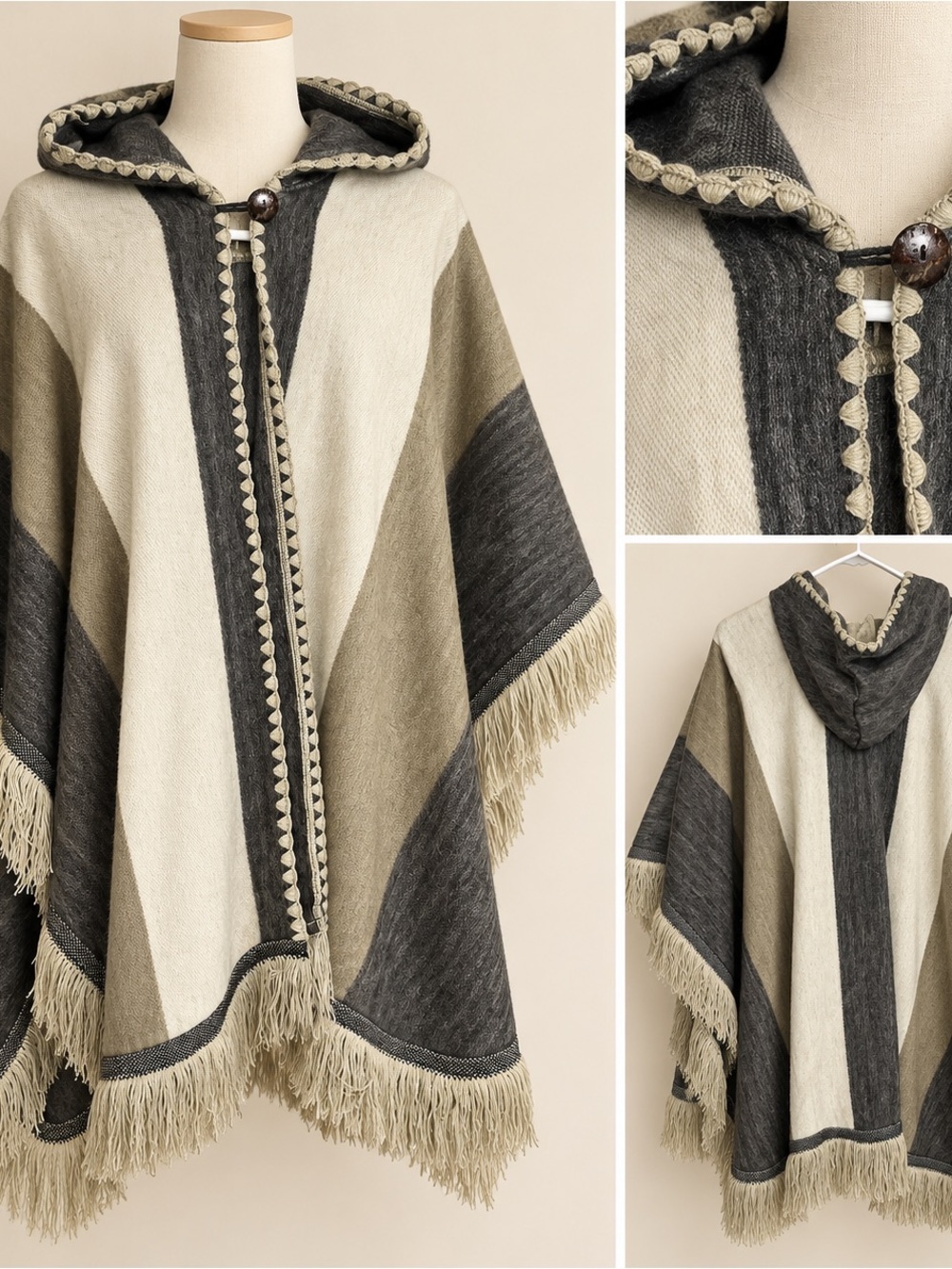 Boho Hooded Fringe Poncho in Cream and Gray